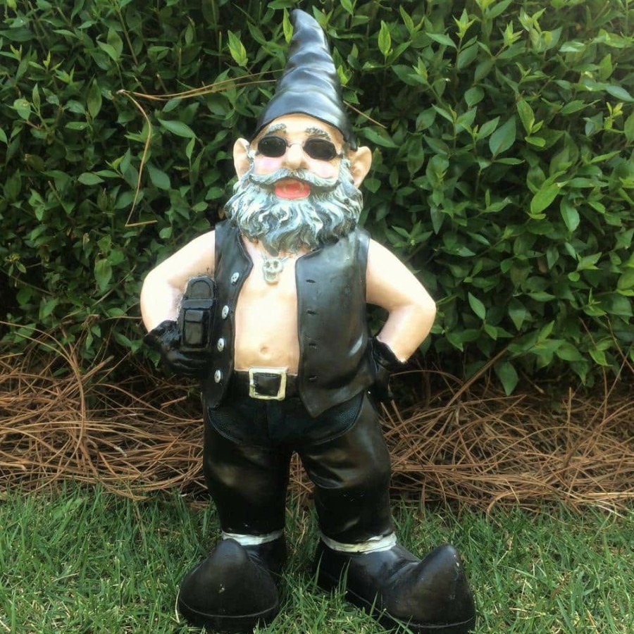 Outdoor Decor * | Homestyles 14.5 In. H Biker Dude The Biker Gnome In Leather Motorcycle Riding Gear Holding His Saddlebag Home/Garden Gnome Statue