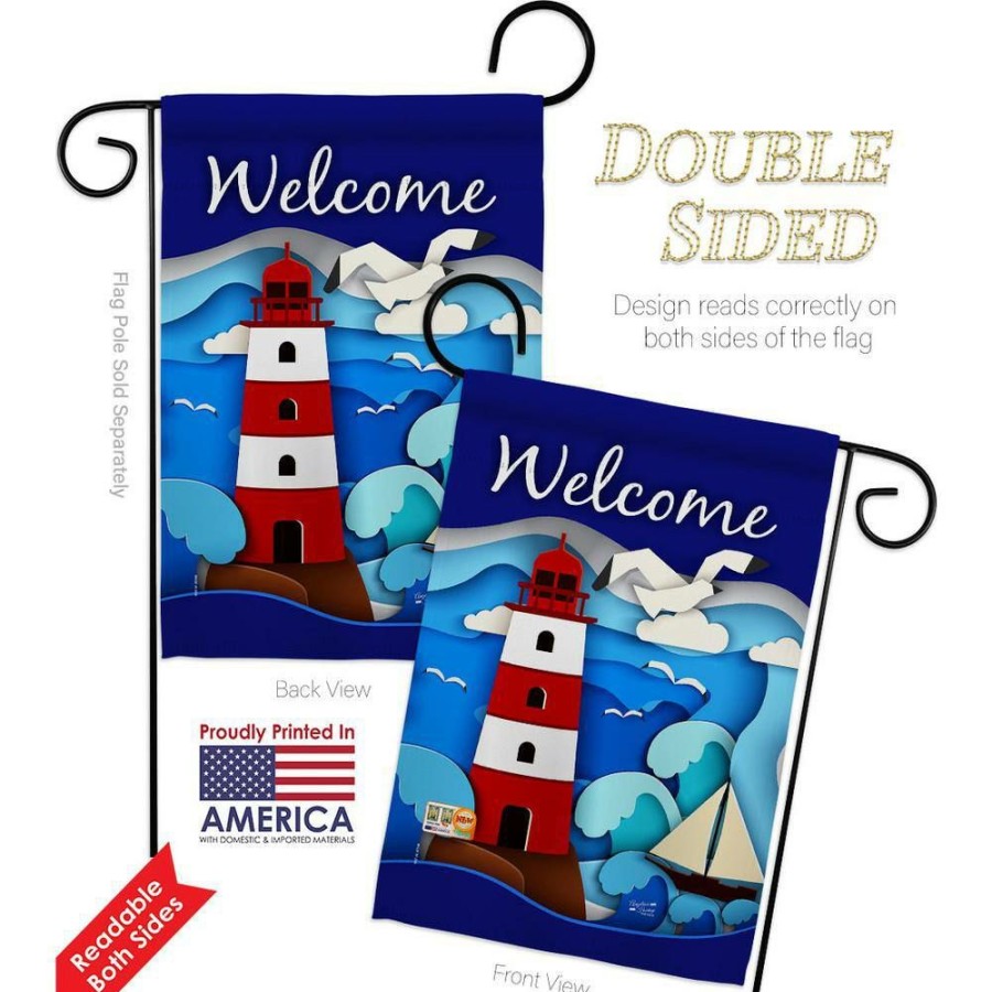 Outdoor Decor * | Angeleno Heritage Made And Designed Los Angeles California 13 In. X 18.5 In. Welcome Red Lighthouse Coastal Double-Sided Garden Flag Coastal Decorative Vertical Flags