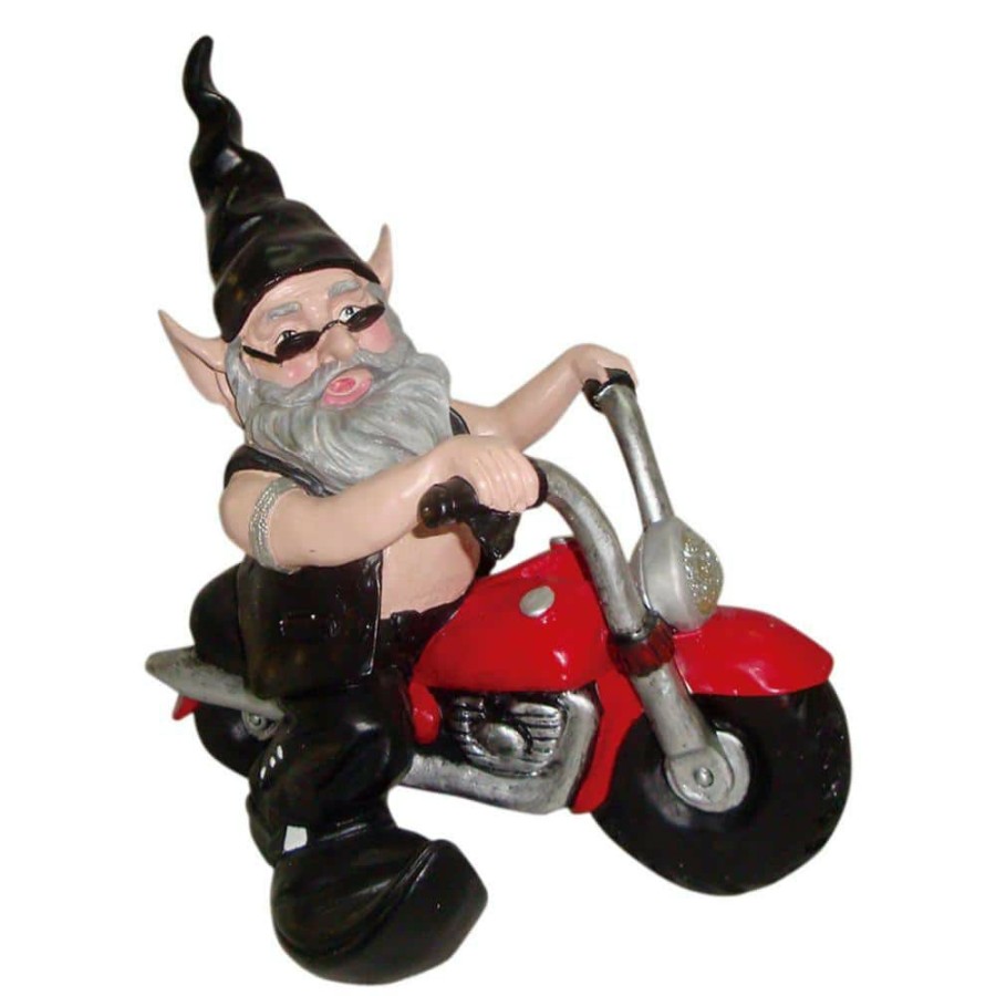 Outdoor Decor * | Homestyles 12 In. H Biker Dude The Biker Gnome In Leather Motorcycle Gear Riding His Red Bike Home And Garden Gnome Statue