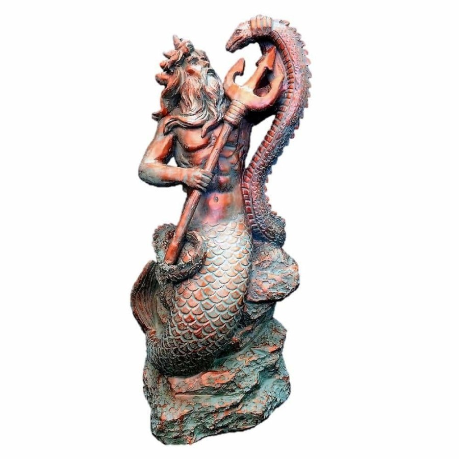 Outdoor Decor * | Homestyles 22 In. Bronze Patina Poseidon Ruler Of Sea Sitting On Rock Nautical Beach Statue