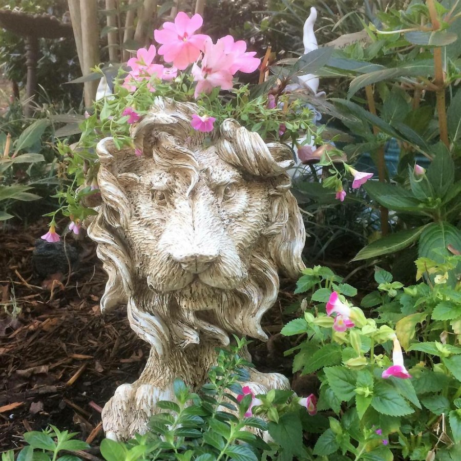 Outdoor Decor * | Homestyles 13 In. Antique White Lion Muggly Mascot Animal Statue Planter Holds A 5 In. Pot