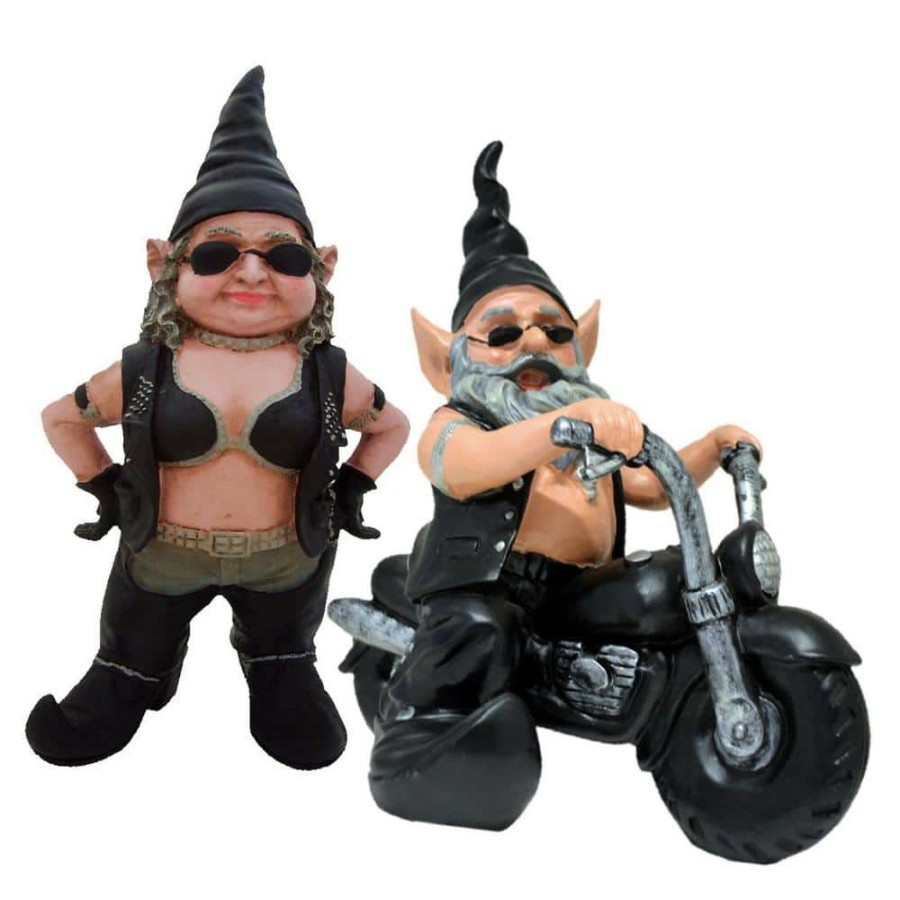 Outdoor Decor * | Homestyles 14.5 In. H Biker Babe And Dude The Gnome Riding His 12 In. H Black Bike In Leather Motorcycle Gear Garden Statue