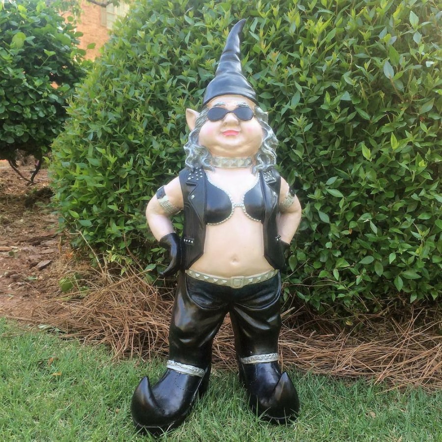 Outdoor Decor * | Homestyles 14.5 In. H Biker Babe And Dude The Gnome Riding His 12 In. H Black Bike In Leather Motorcycle Gear Garden Statue