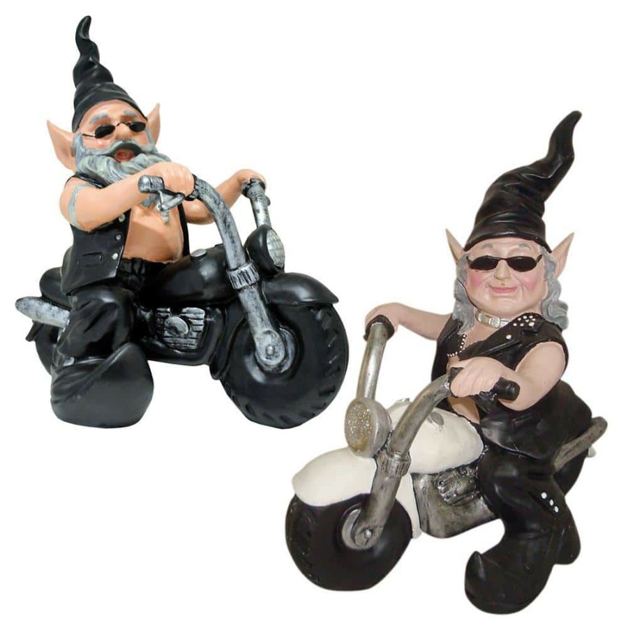 Outdoor Decor * | Homestyles 12 In. H Biker Dude And Babe The Biker Gnomes In Leather Motorcycle Gear Riding Black And White Bikes