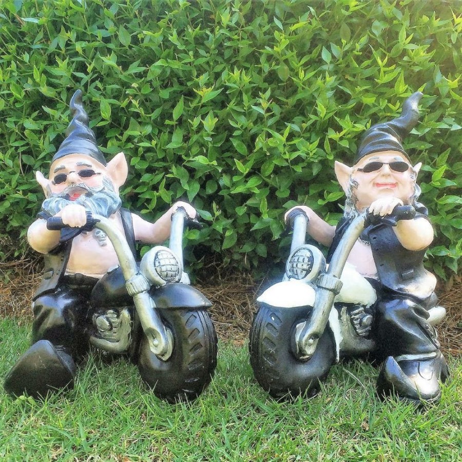 Outdoor Decor * | Homestyles 12 In. H Biker Dude And Babe The Biker Gnomes In Leather Motorcycle Gear Riding Black And White Bikes