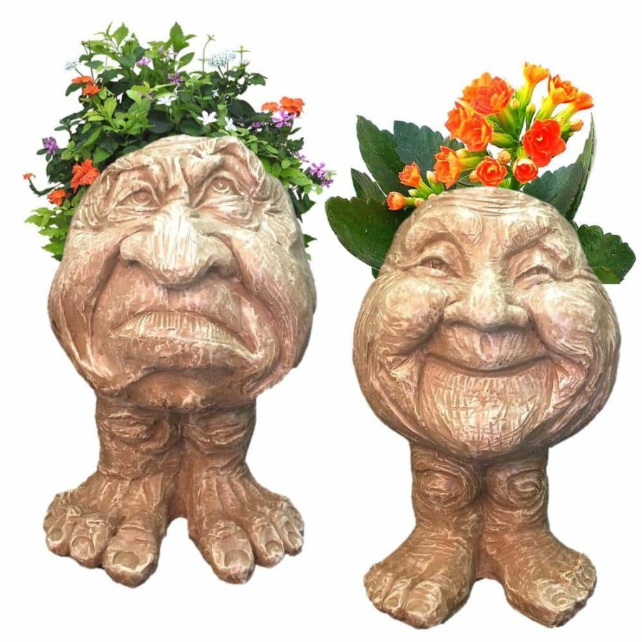 Outdoor Decor * | Homestyles Stone Wash Grumpy And Granny Joy The Muggly Face Statue Planter Holds 5 In. Pot