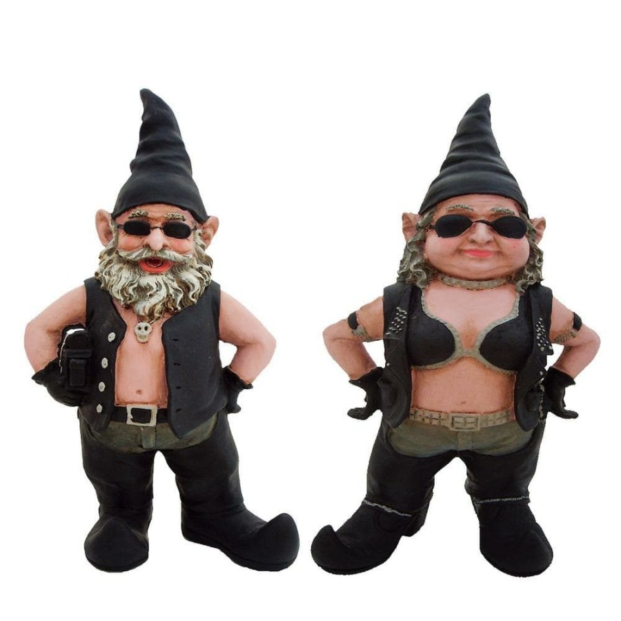 Outdoor Decor * | Homestyles 20 In. H Biker Dude And Babe Biker Gnomes In Leather Motorcycle Riding Gear Home And Garden Gnome Statue