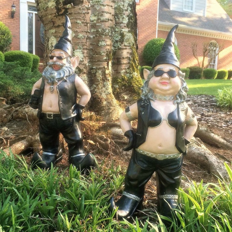 Outdoor Decor * | Homestyles 20 In. H Biker Dude And Babe Biker Gnomes In Leather Motorcycle Riding Gear Home And Garden Gnome Statue