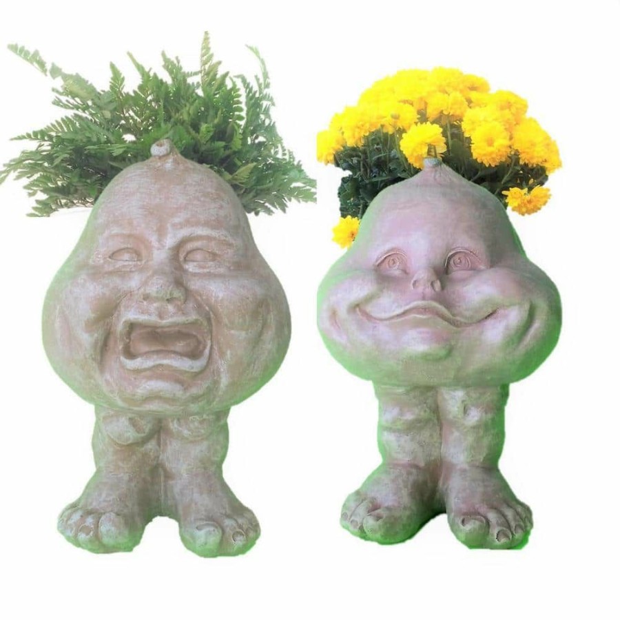 Outdoor Decor * | Homestyles 8.5 In. Stone Wash Crying Brother And Happy Baby The Muggly Face Statue Planter Holds 3 In. Pot