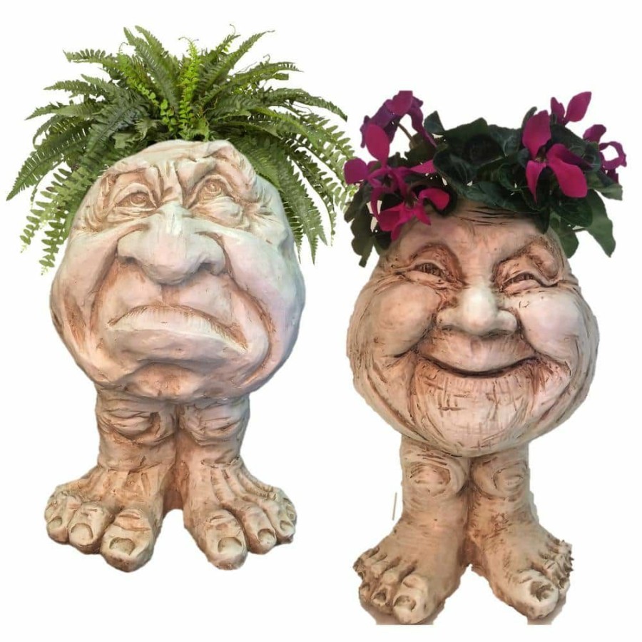 Outdoor Decor * | Homestyles Antique White Grumpy And Granny Joy The Muggly Face Statue Planter Holds 5 In. Pot (2-Pack)