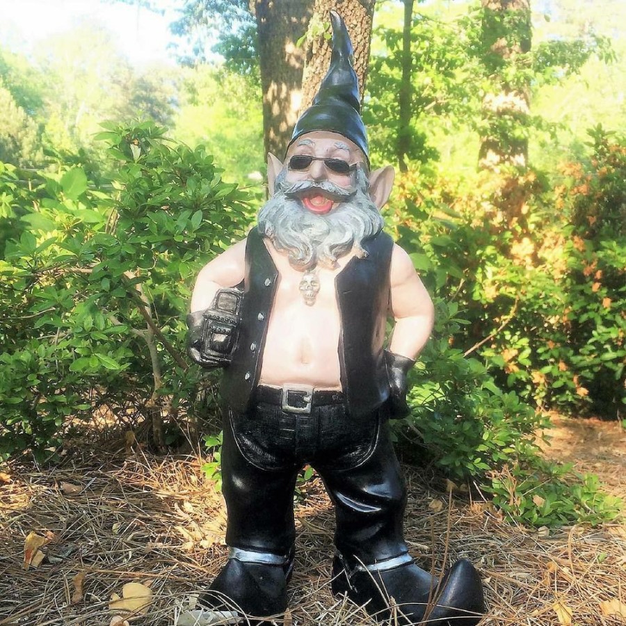 Outdoor Decor * | Homestyles 20 In. H Biker Dude The Biker Gnome In Leather Motorcycle Riding Gear Holding His Saddlebag Home And Garden Statue