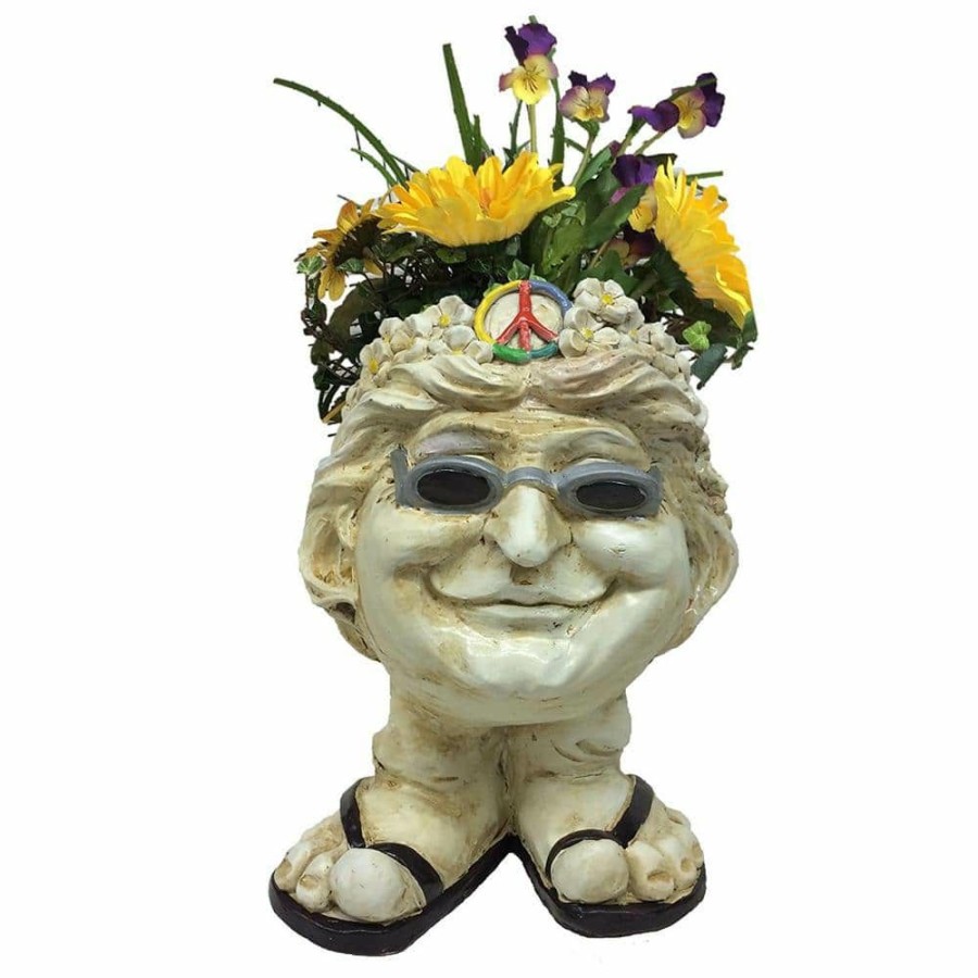 Outdoor Decor * | Homestyles 13 In. H Hippie Chick Janice Antique White Muggly Face Planter In Groovy 1960'S Attire Statue Holds 4 In. Pot