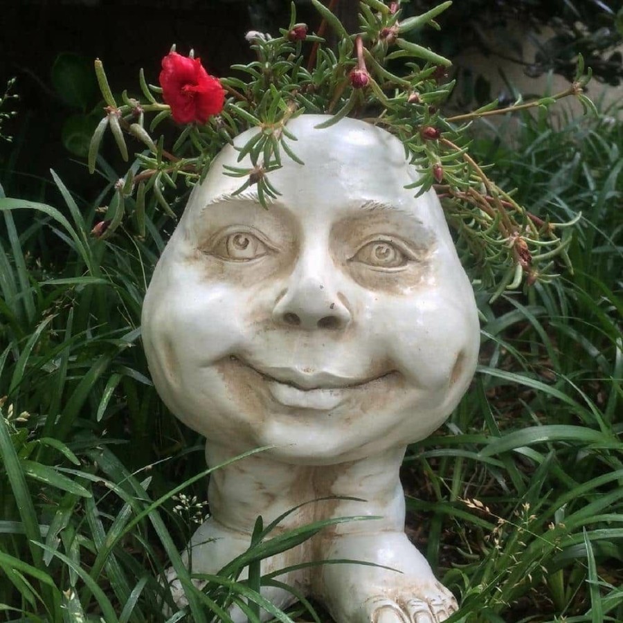 Outdoor Decor * | Homestyles Antique White Daisy And Sister Suzy Q The Muggly Face Statue Planter Pot